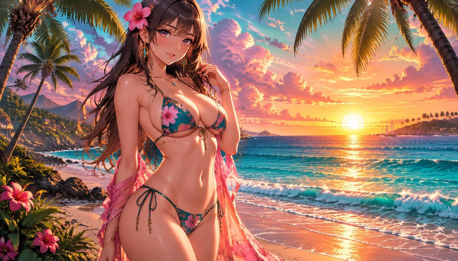 Anime AI girl on a tropical beach at sunset